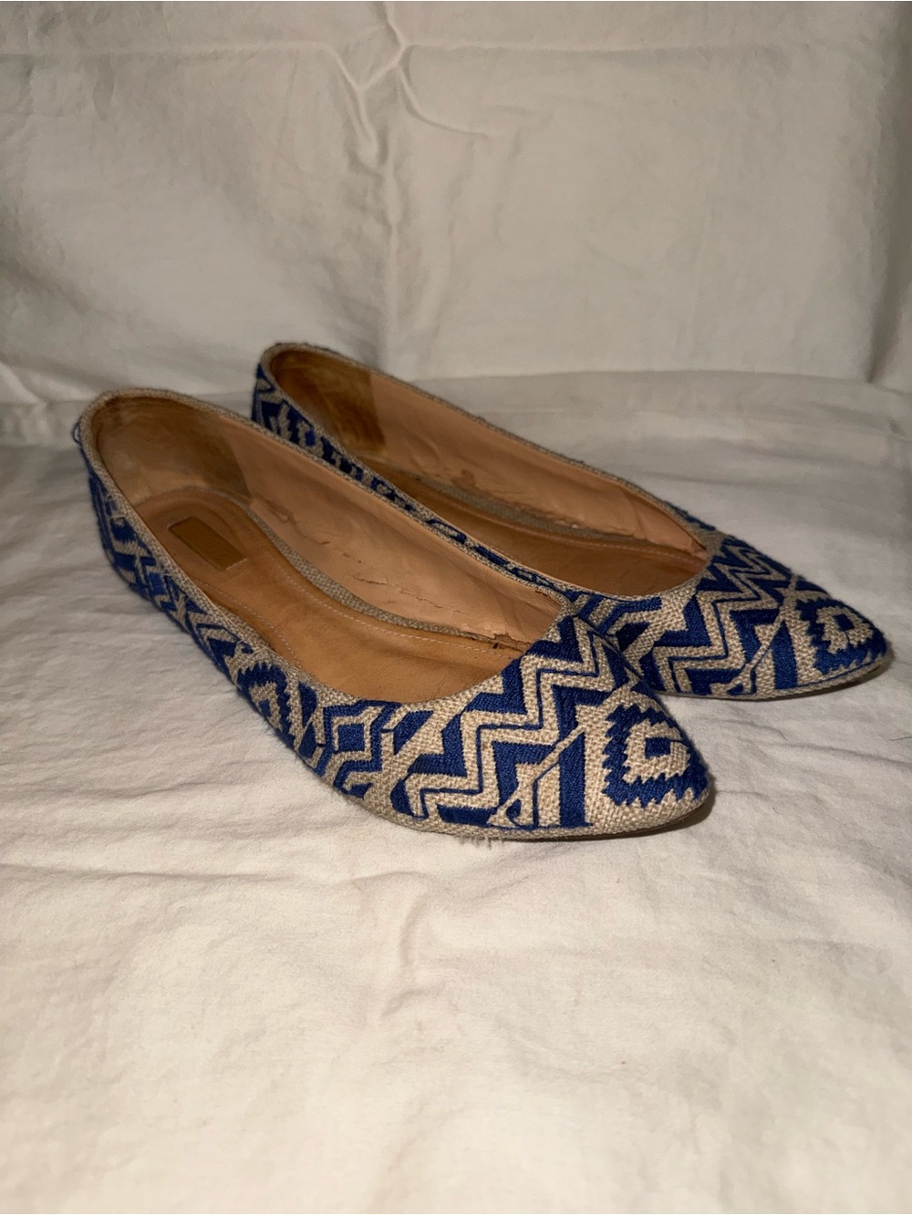 Schutz Blue White Embroidered Pointed Toe Flats Boho Chic Size 6